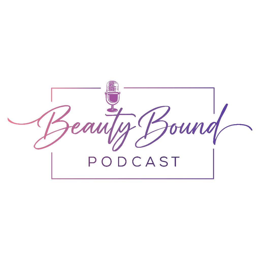 Beauty Bound Podcast logo featuring a gradient microphone and elegant script typography in pink and purple tones. The design includes the words ‘Beauty Bound Podcast’ inside a thin rectangular frame, representing a modern, empowering podcast for beauty professionals focused on business growth and education