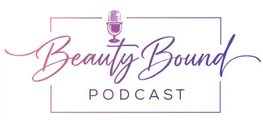 Beauty Bound Podcast logo featuring a gradient microphone and elegant script typography in pink and purple tones. The design includes the words ‘Beauty Bound Podcast’ inside a thin rectangular frame, representing a modern, empowering podcast for beauty professionals focused on business growth and education
